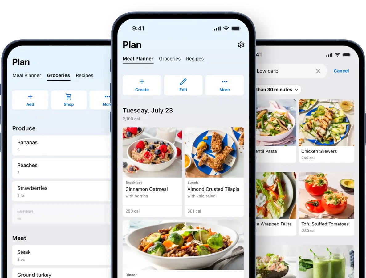 MyFitnessPal meal planner, grocery list, and recipe screens